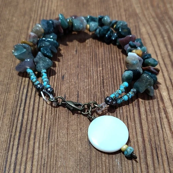 Natural Stone Beaded Bracelet with Mother Pearl Shell Charm,  Handmade - Picture 3 of 6